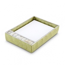 House your notes inside this colorful caddy, featuring an infusion of crushed Mother of Pearl and mosaic frame detail for an alluring, natural opulence. House your notes inside this colorful caddy, featuring an infusion of crushed Mother of Pearl and mosaic frame detail for an alluring, natural opulence.
