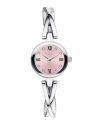 Elegance defined. Sienna collection watch from ESQ by Movado crafted of stainless steel crossover bracelet and round case. Pink dial features Roman numerals at twelve, three, six and nine o'clock, diamond accents, two silver tone hands and logo. Quartz movement. Water resistant to 30 meters. Two-year limited warranty.