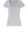 Stylish T-shirt in fine grey stretch rayon - very pleasant and summer quality - feminine wide V-neck and short sleeves - slim fit - a dream basic, the one you always need, youve always been looking for - wear solo or underneath - pairs with literally everything, from a pant suit to shorts to a pleated skirt