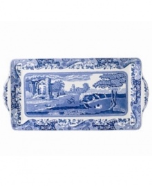 This classic Spode Blue Italian tray features the famous blue and white design framed by an Imari border, inspired by Chinese porcelain. This classic Spode Blue Italian tray features the famous blue and white design framed by an Imari border, inspired by Chinese porcelain.