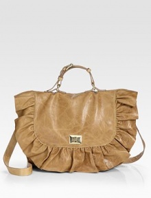 A roomy shape of butter-soft leather, finished with a beautiful ruffled flap-front style. Adjustable top handle, 3½-5½ dropDetachable shoulder strap, 20¼ dropLock closure on front flapOne inside zip pocketCotton lining13½W X 10H X 3½DImported A roomy shape of butter-soft leather, finished with a beautiful ruffled flap-front style. Adjustable top handle, 3½-5½ dropDetachable shoulder strap, 20¼ dropLock closure on front flapOne inside zip pocketCotton lining13½W X 10H X 3½DImported
