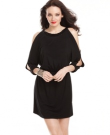 Get a shimmer rush in this little black dress from GUESS?. Sporting a glaze of sequins at the neckline, plus a few skin-flaunting cutouts at the sleeves, this number has dark glam appeal!