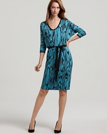 The ikat print and dolman sleeves shake up this Karen Kane knit dress (as well as your workweek). A grosgrain ribbon belt cinches your waist with ladylike panache.