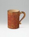 Serve coffee or tea in ceramic mugs, handpainted in a pattern inspired by Tabriz rugs. Rich, warm colors accented with 14K gold filet handle and rim.Each mug is 4 tall; 2¾ diameter Hand wash Made in Portugal