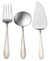 Enhanced with a brilliant golden swirl, the charmed features of the Ballet Ribbon collection get a rave reception at any table. Includes a dinner fork, salad fork, dinner knife, dinner spoon and teaspoon. Includes a cold meat fork, gravy ladle and pastry server.