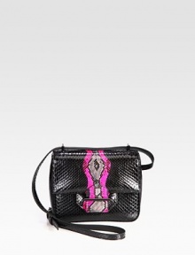 This petite design features beautifully printed python in a graphic style.Adjustable shoulder strap, 13½-25 dropMagnetic snap flap closureOne open pocket under flapOne inside open pocketCotton lining7W X 5½H X 2DImported This petite design features beautifully printed python in a graphic style.Adjustable shoulder strap, 13½-25 dropMagnetic snap flap closureOne open pocket under flapOne inside open pocketCotton lining7W X 5½H X 2DImported