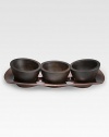 Three little bowls and their trim tray serve condiments, nuts or sauces with the rich character of a bronze finish over metal alloy, combining beauty and practicality in one.Bronze over metal alloyHandmadeSigned by designer Neil Cohen16 X 5WHand washImported