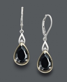 Stay on top of the latest trends in these stylish teardrop earrings. Pear-cut onyx (3-3/4 ct. t.w.) makes a bold statement against a sterling silver and 14k gold setting. A round-cut diamond accent adds sparkle to boot! Approximate drop: 1-1/2 inches. Stay on top of the latest trends in these stylish teardrop earrings. Pear-cut onyx (3-3/4 ct. t.w.) makes a bold statement against a sterling silver and 14k gold setting. A round-cut diamond accent adds sparkle to boot! Approximate drop: 1-1/2 inches.