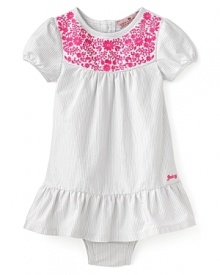 Subtle blue and white stripes paired with pretty pink embroidery make this dress and diaper cover set from Juicy the perfect ensemble for a fashionable play-date. Subtle blue and white stripes paired with pretty pink embroidery make this dress and diaper cover set from Juicy the perfect ensemble for a fashionable play-date.
