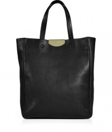 Streamline busy days with Maison Martin Margielas sleek black leather shopping bag, perfect for busy work days and chic weekend errands alike - Metal plaque at the top, internal zippered pouch, zippered back wall pocket - Pair with tailored business looks or laid-back weekend separates Streamline busy days with Maison Martin Margielas sleek black leather shopping bag, perfect for busy work days and chic weekend errands alike - Metal plaque at the top, internal zippered pouch, zippered back wall pocket - Pair with tailored business looks or laid-back weekend separates