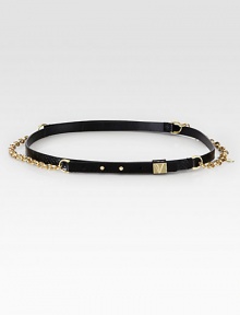 A luxurious snake belt is accented by goldtone chains, studded closure and logo-engraved belt keeper.Width, about .5RattlesnakeImported A luxurious snake belt is accented by goldtone chains, studded closure and logo-engraved belt keeper.Width, about .5RattlesnakeImported