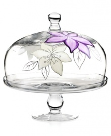 Hand-painted purple and white flowers flourish on this glass cake stand from Laurie Gates serveware by Artland--a fresh companion to the Anna Plum dinnerware pattern by Laurie Gates. Hand-painted purple and white flowers flourish on this glass cake stand from Laurie Gates serveware by Artland--a fresh companion to the Anna Plum dinnerware pattern by Laurie Gates.