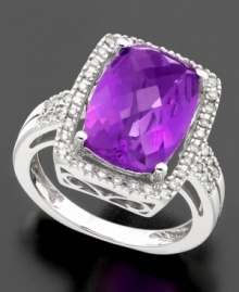 A tremendously elegant platform for the darkly romantic beauty of amethyst. In 14k white gold, this ring features cushion-cut amethyst (6 ct. t.w.) surrounded by round-cut diamond (1/5 ct. t.w.). A tremendously elegant platform for the darkly romantic beauty of amethyst. In 14k white gold, this ring features cushion-cut amethyst (6 ct. t.w.) surrounded by round-cut diamond (1/5 ct. t.w.).