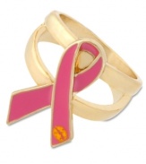 Proudly support a worthy cause in style. The Betsey Johnson I'm a Survivor ring is crafted from gold-tone mixed metal and features the iconic pink ribbon. Size: 7-1/2.