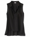From Splendid Girls, the sleeveless shirt with a split collar and trendy high/low hemline.