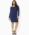 A ribbed cotton dress is made into a casual wardrobe staple with a chic boatneck and raglan sleeves in this plus size look from Lauren by Ralph Lauren.