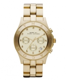 Strike gold with this luminous Blade watch by Marc by Marc Jacobs. Gold ion-plated stainless steel bracelet and round case. Bezel etched with logo. Gold tone chronograph dial features crystal accent markers, three subdials, date window, three hands and logo. Quartz movement. Water resistant to 50 meters. Two-year limited warranty. Strike gold with this luminous Blade watch by Marc by Marc Jacobs. Gold ion-plated stainless steel bracelet and round case. Bezel etched with logo. Gold tone chronograph dial features crystal accent markers, three subdials, date window, three hands and logo. Quartz movement. Water resistant to 50 meters. Two-year limited warranty.