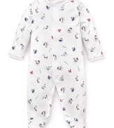 Adorned with an allover nautical print, this crewneck footie will give your little guy his sea legs in no time.