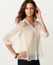 A geometric crochet inset is more chic than sweet on this Kensie chiffon blouse -- add sleek skinny jeans to complete the look!