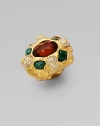 A chunky golden ring with feather motifs is colorfully set with malachite and radiant crystals.MalachiteSwarovski and Czech crystal GoldtoneWidth, about 1½Made in USA