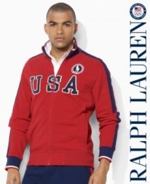 Accented with bold country embroidery to celebrate Team USA's participation in the 2012 Olympics, a full-zip mockneck jacket in breathable cotton piqué exudes casual comfort and style in an updated trim fit. Accented with bold country embroidery to celebrate Team USA's participation in the 2012 Olympics, a full-zip mockneck jacket in breathable cotton piqué exudes casual comfort and style in an updated trim fit.
