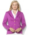 Lustrous signature buttons and Lauren Ralph Lauren's iconic monogram luxuriously accent a trim plus size blazer crafted from smooth stretch sateen.