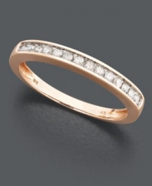 A hint of sparkle in sweet, caramel color. Set in trendy 14k rose gold, this delicate band features round-cut, channel-set diamonds (1/5 ct. t.w.). A hint of sparkle in sweet, caramel color. Set in trendy 14k rose gold, this delicate band features round-cut, channel-set diamonds (1/5 ct. t.w.).
