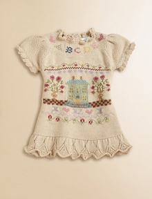 An heirloom to treasure, this puff-sleeved dress in a soft, warm cotton combines pointelle and cable stitches for a heritage look and is hand-finished with a beautiful intarsia-knit design.Scalloped crewneckShort puffed sleevesBack buttonsPointelle-knit ruffled hemCottonMachine washImported Please note: Number of buttons may vary depending on size ordered. An heirloom to treasure, this puff-sleeved dress in a soft, warm cotton combines pointelle and cable stitches for a heritage look and is hand-finished with a beautiful intarsia-knit design.Scalloped crewneckShort puffed sleevesBack buttonsPointelle-knit ruffled hemCottonMachine washImported Please note: Number of buttons may vary depending on size ordered.