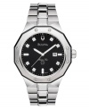 Modern details and functionality combine in this timelessly handsome watch from Bulova. Silver tone stainless steel bracelet and round case. Round black dial with date window, diamond accent indices and logo. Quartz movement. Water resistant to 100 meters. Three-year limited warranty.