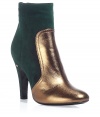 Luxurious booties made of fine emerald suede and gold leather - Absolutely modern, sexy, flamboyant, a true fashion must have this winter - Trendy color block look - Calf high, with a moderately wide, comfortable heel with zipper on the back - Fits slim on the foot, is wonderfully comfortable - Best worn with everything that is now trendy, from a leather dress to a midi skirt