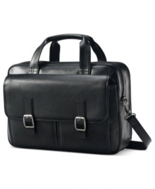 Business casual. Sophisticated pebble grain leather meets its sporty match with this versatile front flap design, which conceals two easy-access pockets for all of your travel & everyday essentials. Replete with removable, padded shoulder strap and SmartPocket™ to slide over upright handles for hands-free carrying, this brief simplifies life outside the office. Business casual. Sophisticated pebble grain leather meets its sporty match with this versatile front flap design, which conceals two easy-access pockets for all of your travel & everyday essentials. Replete with removable, padded shoulder strap and SmartPocket™ to slide over upright handles for hands-free carrying, this brief simplifies life outside the office.