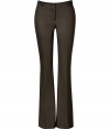 Figure-hugging canvas green flared leg pants from Burberry - These slim boot-cut pants inject flattering style to your day or night look - Trouser-style, button tab detail at waistband, front slit pockets, slim silhouette - Pair with a tie-neck blouse, shearling coat, and chunky platforms