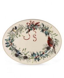 For nearly 150 years, Lenox has been renowned throughout the world as a premier designer and manufacturer of fine tableware. This year, begin a cherished holiday tradition with the festive Winter Greetings dinnerware collection. Its resplendent pattern of red and gold bows accented with sprigs of holly is fresh and lively on snowy white china, making your entertaining table a bountiful expression of holiday cheer. For nearly 150 years, Lenox has been renowned throughout the world as a premier designer and manufacturer of fine tableware. This year, begin a cherished holiday tradition with the festive Winter Greetings dinnerware collection. Its resplendent pattern of red and gold bows accented with sprigs of holly is fresh and lively on snowy white china, making your entertaining table a bountiful expression of holiday cheer.