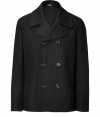 Cool & masculine - Stylish pea coat in a black wool blend - With a fashionable double breasted button placket and notched collar - Simple coolness with hidden pockets on the sides - Fits perfectly with a shirt, pullover or even a suit - A versatile classic for leisure or the office