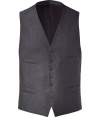 Stylish vest in dark gray heather wool stretch - Tremendously elegant vest, vests/gilets are in, in - V-neck, slim fit - Single-breasted with button placket - Four vest pockets, elegant silk lining plus silk back - Can be worn open or closed - Combine either with the matching suit or with a tee or shirt and jeans