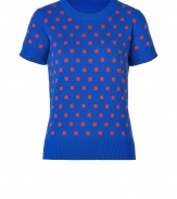 Decorated with a contrast-colored square dot patterned front, Steffen Schrauts short sleeve pullover lends a playful punch to workweek chic - Round neckline, short sleeves, fine ribbed trim - Loosely fitted - Wear with a pleated skirt and fun colored accessories