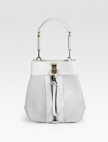 A chic, structured silhouette with goldtone hardware and bold zip details.Detachable top handle, 7 dropClasp and zipper closureProtective metal feetOne inner zip pouchFully lined10W X 10H X 6DImported A chic, structured silhouette with goldtone hardware and bold zip details.Detachable top handle, 7 dropClasp and zipper closureProtective metal feetOne inner zip pouchFully lined10W X 10H X 6DImported