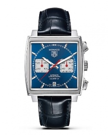 In 1969, TAG Heuer broke with tradition by creating the first square-cased, water-resistant watch in the history of watchmaking. Powered by the famous Chronomatic Calibre 11, the Monaco is also the world's first automatic chronograph. With blue dial and a polished steel bezel. Features a date window. In 1969, TAG Heuer broke with tradition by creating the first square-cased, water-resistant watch in the history of watchmaking. Powered by the famous Chronomatic Calibre 11, the Monaco is also the world's first automatic chronograph. With blue dial and a polished steel bezel. Features a date window.