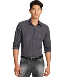 A dot pattern and a sleek fit give this Kenneth Cole New York button down a modern style. A dot pattern and a sleek fit give this Kenneth Cole New York button down a modern style.