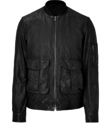 Luxe jacket in supple black leather - Rugged motorcycle silhouette with small stand up collar - Two flap pockets, one small zip pocket at left arm - Zips at front - Modern, skinny silhouette, hits at hip - A sleek and versatile go-to in any wardrobe - Pair with slim jeans or trousers, a cashmere pullover and trainers Luxe jacket in supple black leather - Rugged motorcycle silhouette with small stand up collar - Two flap pockets, one small zip pocket at left arm - Zips at front - Modern, skinny silhouette, hits at hip - A sleek and versatile go-to in any wardrobe - Pair with slim jeans or trousers, a cashmere pullover and trainers