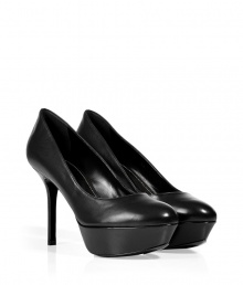 Classic and versatile, these luxe black leather platform pumps from Sergio Rossi will upgrade any look - Round toe, front platform, stiletto heel - Pair with a cocktail sheath, leather leggings, a pencil skirt, or even skinny jeans