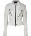 This ultra-chic moto-styled leather jacket bring tough-yet-stylish appeal to your lookday or night -Button-detailed stand collar, zipper front, zip chest pockets, seaming details at shoulders and back, cropped silhouette - Style with a floral mini-dress, patterned tights, and buckle-detailed ankle boots