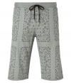 Bermuda shorts in fine, Heather grey colored cotton feature modern twist paisley print - Narrow, knee-length, with comfortable elastic and drawstring waistband - Side and back slit pockets for convenience - Pair with favorite tees, polo shirts or long-sleeved tees and leather flip-flops for a great summer look