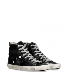 Luxe with a retro edge, these high-top sneakers from Golden Goose will kick your style into high gear - Round toe, lace up style, side star detail, exposed side-zip closure, stylishly distressed, contrasting rubber sole - Pair with jeans or cargo pants, a tee, and a leather jacket Luxe with a retro edge, these high-top sneakers from Golden Goose will kick your style into high gear - Round toe, lace up style, side star detail, exposed side-zip closure, stylishly distressed, contrasting rubber sole - Pair with jeans or cargo pants, a tee, and a leather jacket