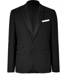 Effortlessly elegant, this classic wool tuxedo blazer adds unfettered sophistication to any ensemble - Satiny notched lapels, long sleeves, two-button closure, flap pockets at waist, double back vent, slim fit - Pair with matching trousers and a sleek button down or a tee and jeans Effortlessly elegant, this classic wool tuxedo blazer adds unfettered sophistication to any ensemble - Satiny notched lapels, long sleeves, two-button closure, flap pockets at waist, double back vent, slim fit - Pair with matching trousers and a sleek button down or a tee and jeans
