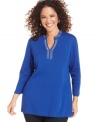 Lend a touch of sparkle to your casual style with Karen Scott's plus size tunic top, highlighted by an embellished neckline.