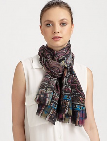 Designed in a luxurious cashmere and silk blend with a colorful paisley print and eyelash fringe.70% cashmere/30% silkAbout 27 X 66Dry cleanMade in Italy Designed in a luxurious cashmere and silk blend with a colorful paisley print and eyelash fringe.70% cashmere/30% silkAbout 27 X 66Dry cleanMade in Italy