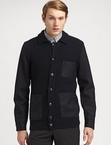 Chunky cardigan sweater knitted in superior wool with contrasting fabric sleeves for a handsomely modern finish.Button-frontChest, waist patch pocketsRibbed knit hemWoolDry cleanMade in Italy Chunky cardigan sweater knitted in superior wool with contrasting fabric sleeves for a handsomely modern finish.Button-frontChest, waist patch pocketsRibbed knit hemWoolDry cleanMade in Italy
