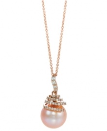 The sweetest touch. A pink cultured freshwater pearl (10-11 mm) decorated by round-cut diamonds (1/4 ct. t.w.) creates a feminine statement in Le Vian's pendant necklace. Crafted in 14k rose gold. Approximate length: 18 inches. Approximate drop: 3/4 inch. The sweetest touch. A pink cultured freshwater pearl (10-11 mm) decorated by round-cut diamonds (1/4 ct. t.w.) creates a feminine statement in Le Vian's pendant necklace. Crafted in 14k rose gold. Approximate length: 18 inches. Approximate drop: 3/4 inch.