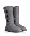 Logo-detailed buttons and an easy-to-style tall length makes these cozy-chic shearling boots from UGG Australia a cold weather must-have - Round toe, rugged rubber sole, cozy shearling lining, back logo detail, three-button side closure - Mid-shaft length - Pair with skinny jeans, an oversized cashmere sweater, and a down jacket or wool cape